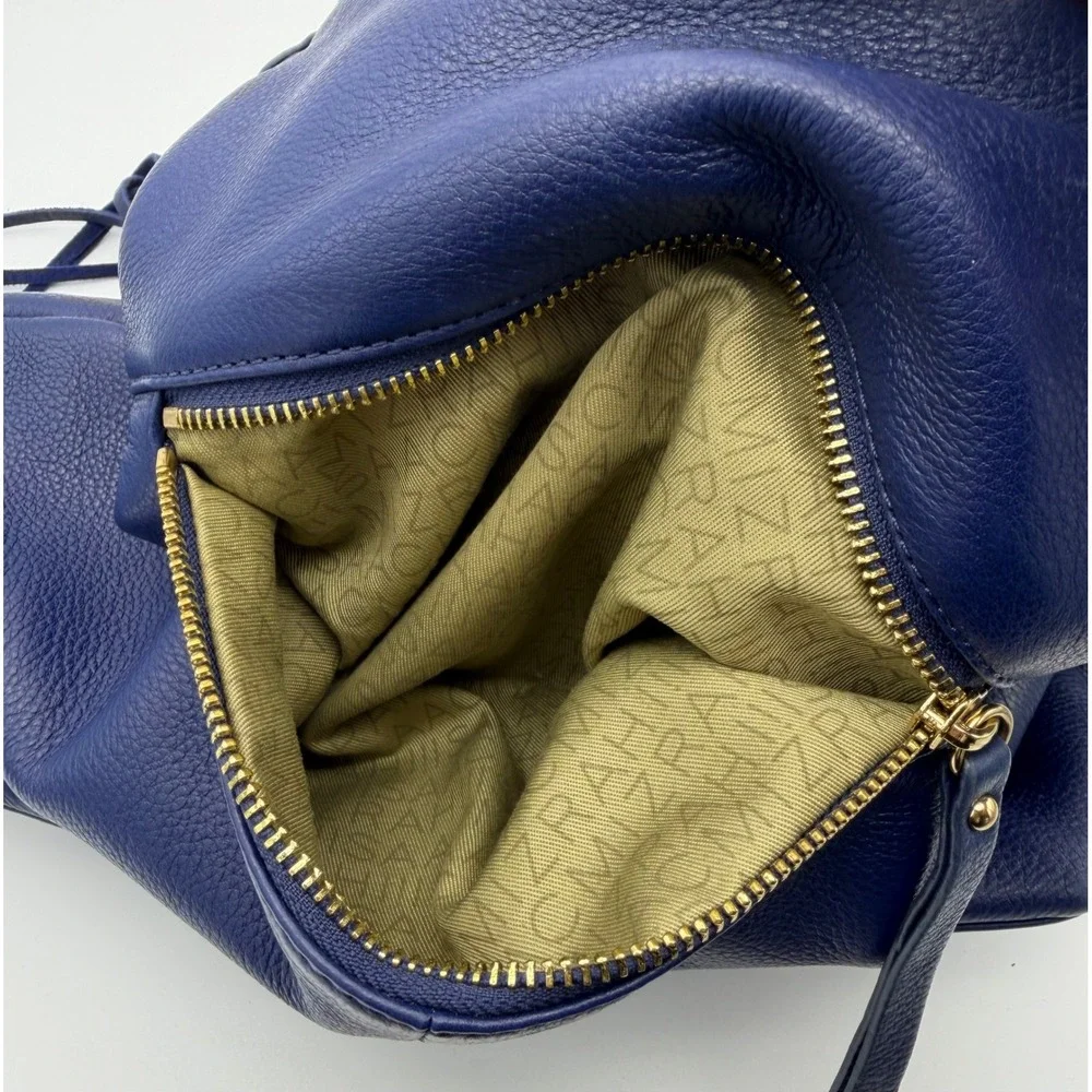 Isaac Mizrahi Hobo Bag Womens Navy Blue Pebbled Leather Tassel Gold Hardware